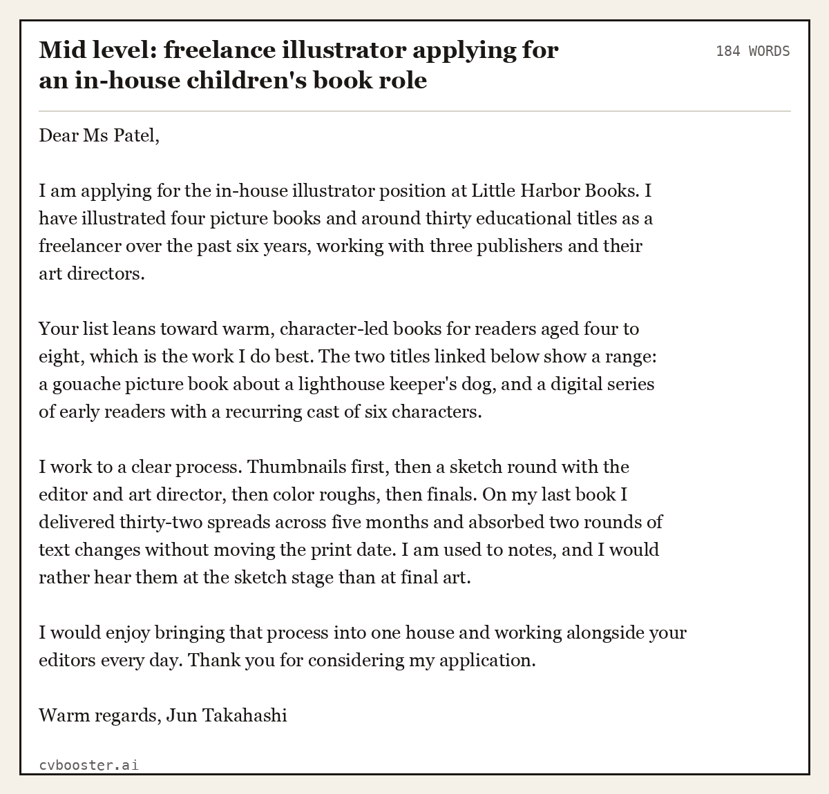 Complete Mid level: freelance illustrator applying for an in-house children's book role example, 184 words, laid out as it would sit in the application form