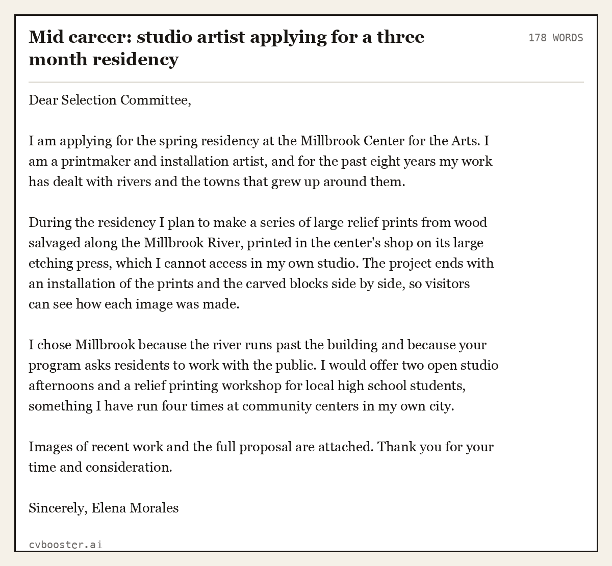 Complete Mid career: studio artist applying for a three month residency example, 178 words, laid out as it would sit in the application form