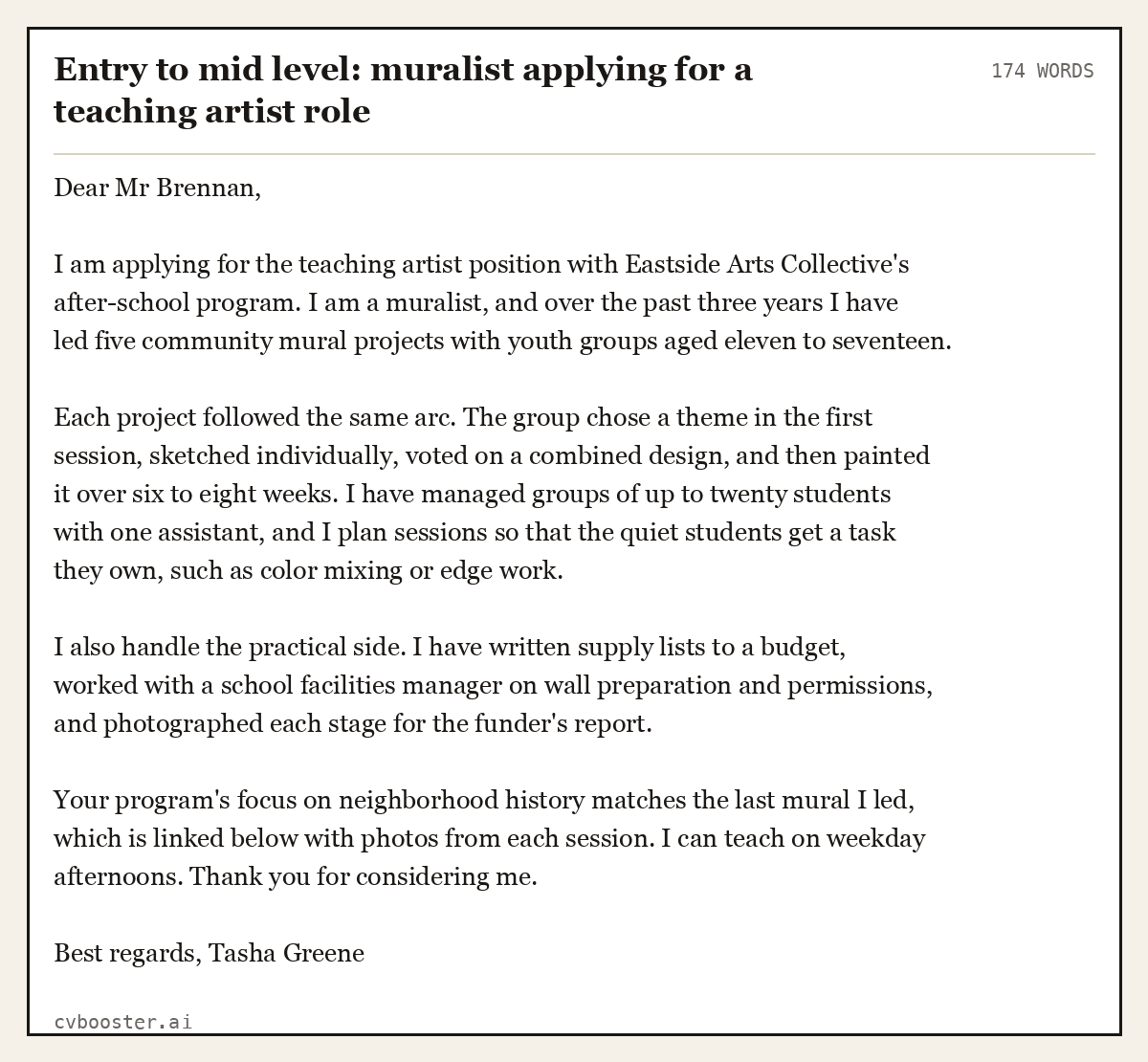 Complete Entry to mid level: muralist applying for a teaching artist role example, 174 words, laid out as it would sit in the application form