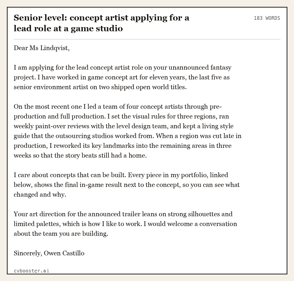 Complete Senior level: concept artist applying for a lead role at a game studio example, 183 words, laid out as it would sit in the application form