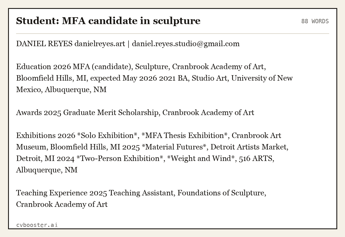 Complete Student: MFA candidate in sculpture example, 88 words, laid out as it would sit in the application form