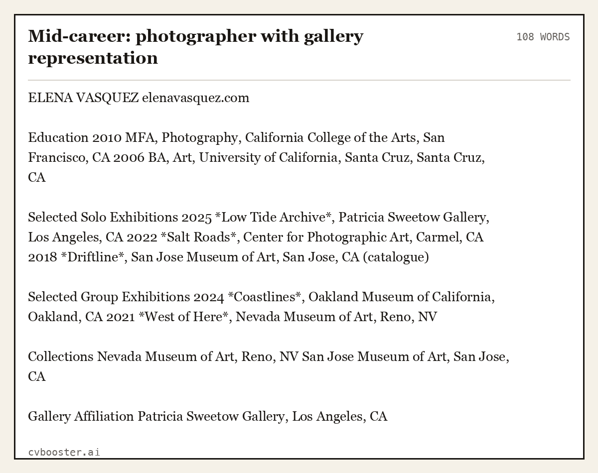 Mid-career: photographer with gallery representation, complete example, 108 words