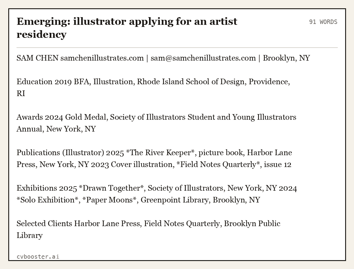 Emerging: illustrator applying for an artist residency, complete example, 91 words