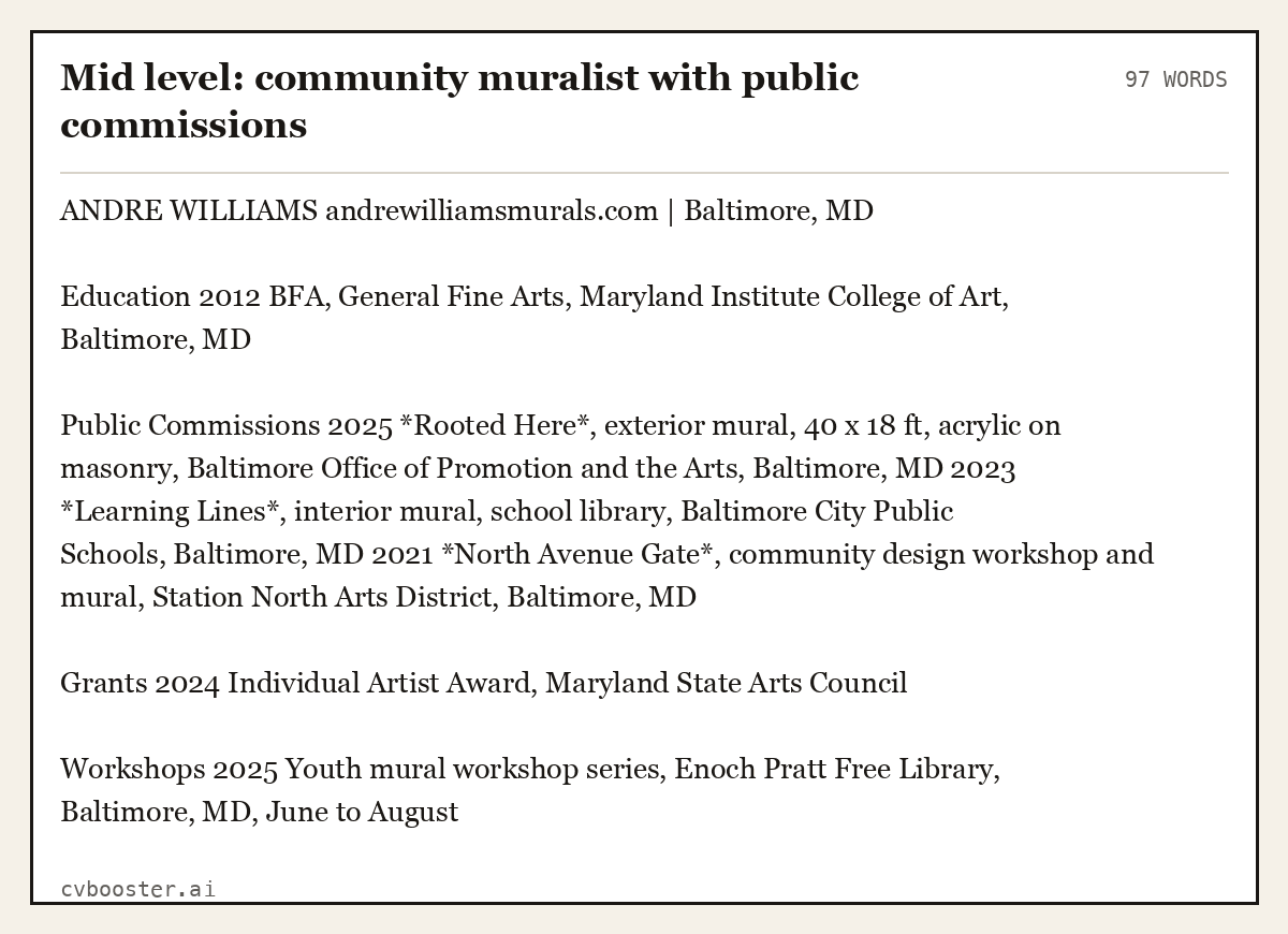 Mid level: community muralist with public commissions, complete example, 97 words