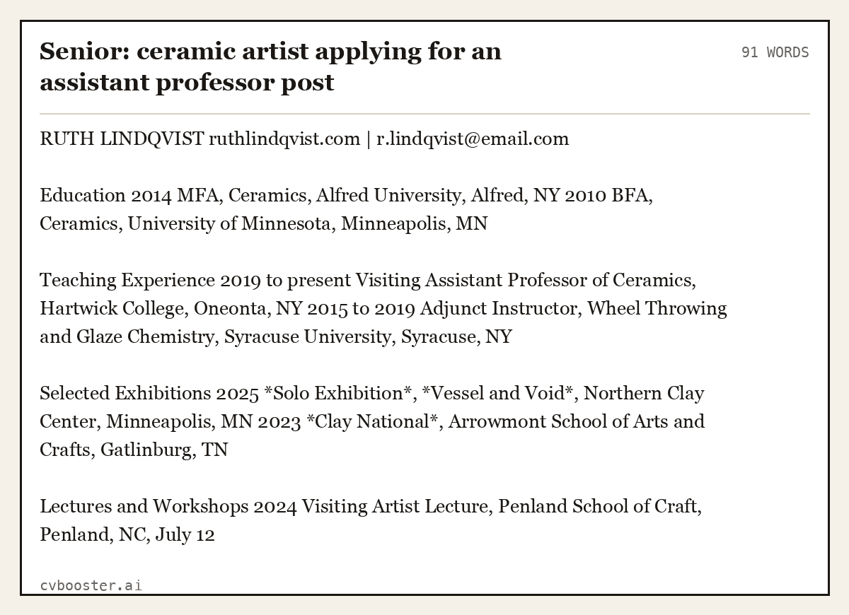 Senior: ceramic artist applying for an assistant professor post, complete example, 91 words