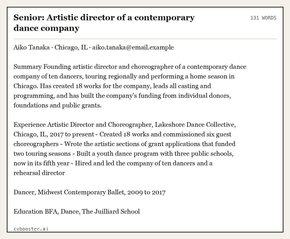 Complete Senior: Artistic director of a contemporary dance company example, 131 words, laid out as it would sit in the application form