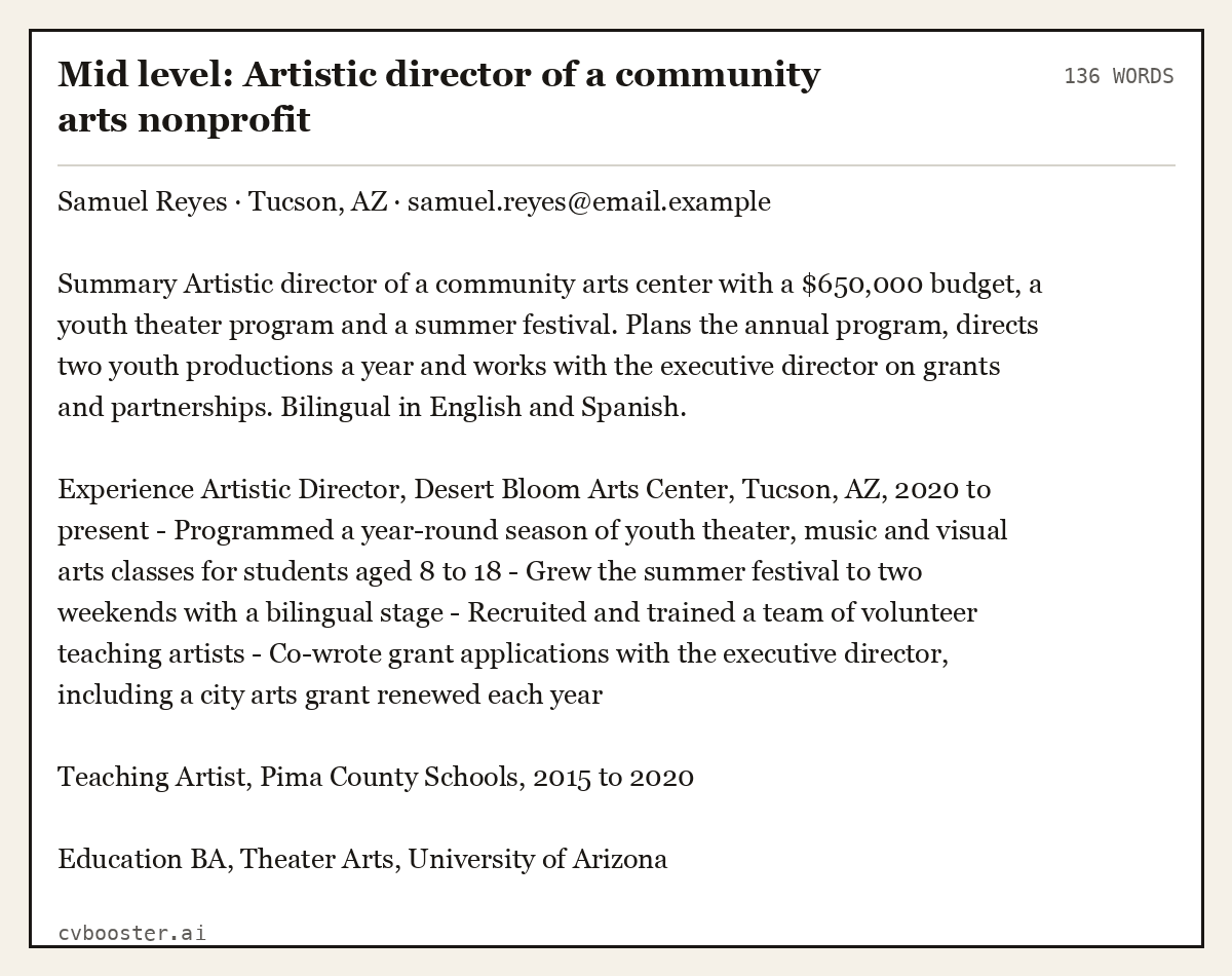 Complete Mid level: Artistic director of a community arts nonprofit example, 136 words, laid out as it would sit in the application form