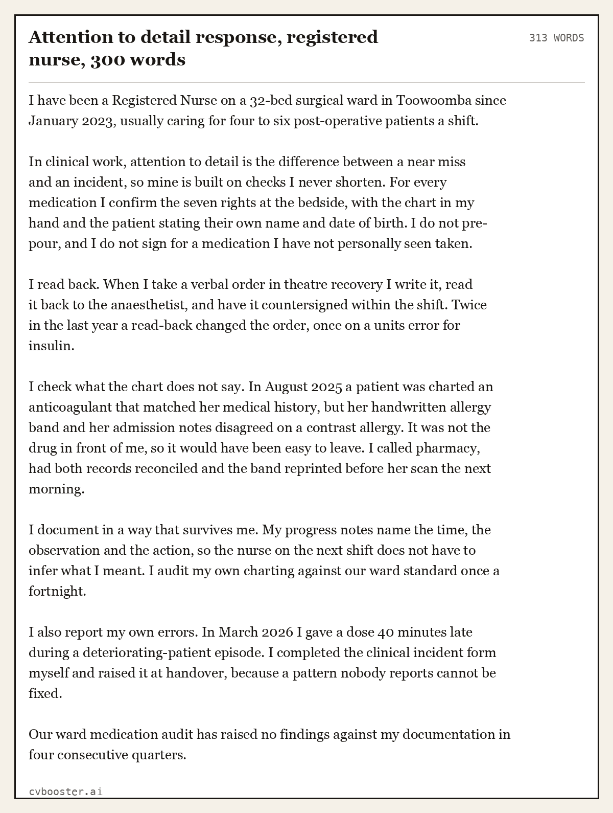 Complete Attention to detail response, registered nurse example, 313 words, laid out as it would sit in the application form