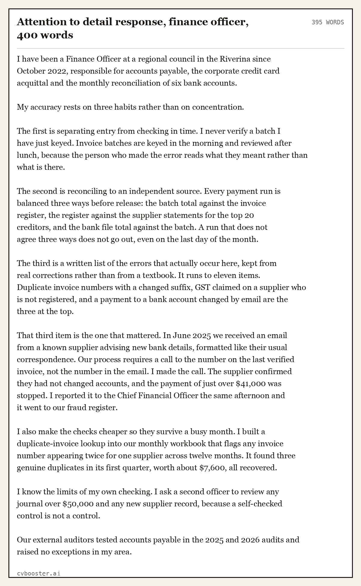 Complete Attention to detail response, finance officer example, 395 words, laid out as it would sit in the application form