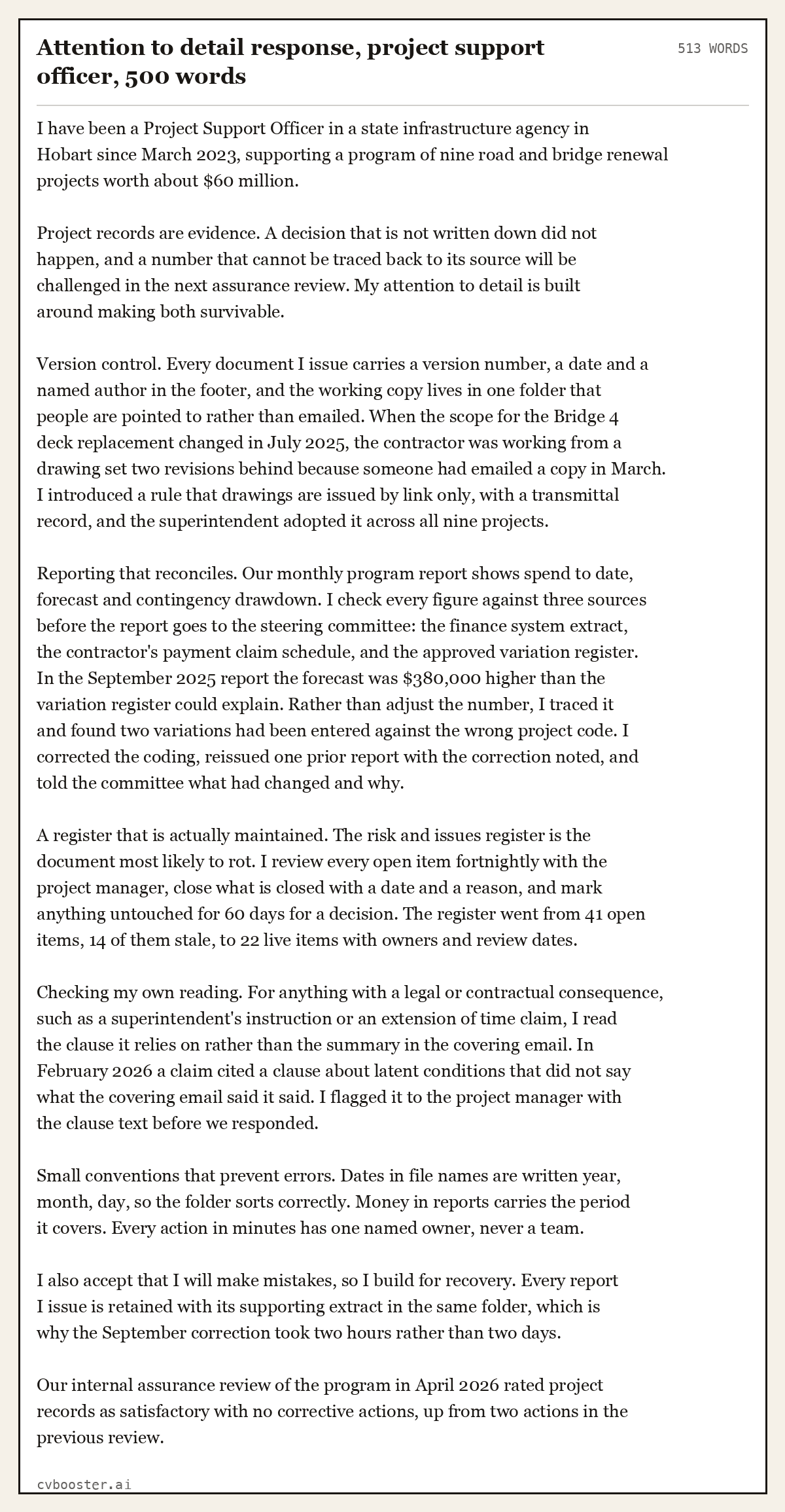 Complete Attention to detail response, project support officer example, 513 words, laid out as it would sit in the application form