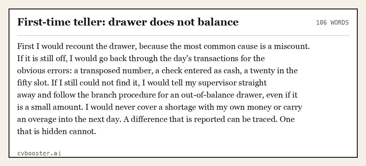 Complete First-time teller: drawer does not balance example, 106 words, laid out as it would sit in the application form