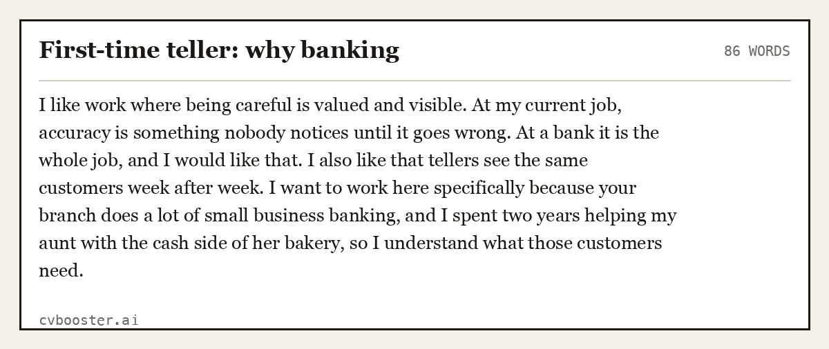 Complete First-time teller: why banking example, 86 words, laid out as it would sit in the application form