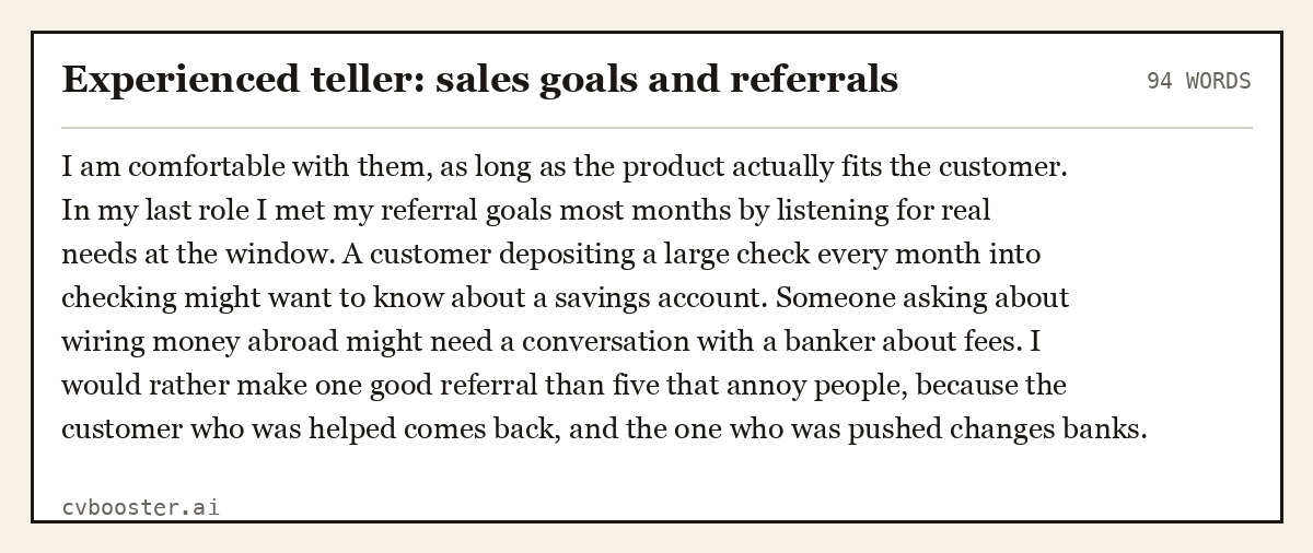 Complete Experienced teller: sales goals and referrals example, 94 words, laid out as it would sit in the application form