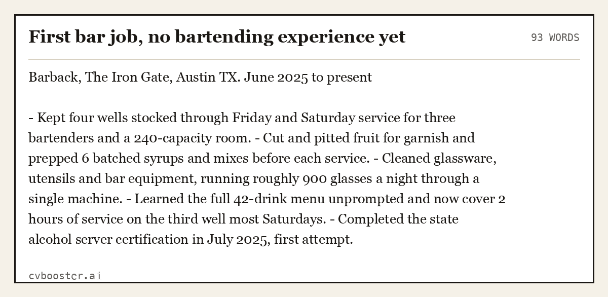 Complete First bar job, no bartending experience yet example, 93 words, laid out as it would sit in the application form