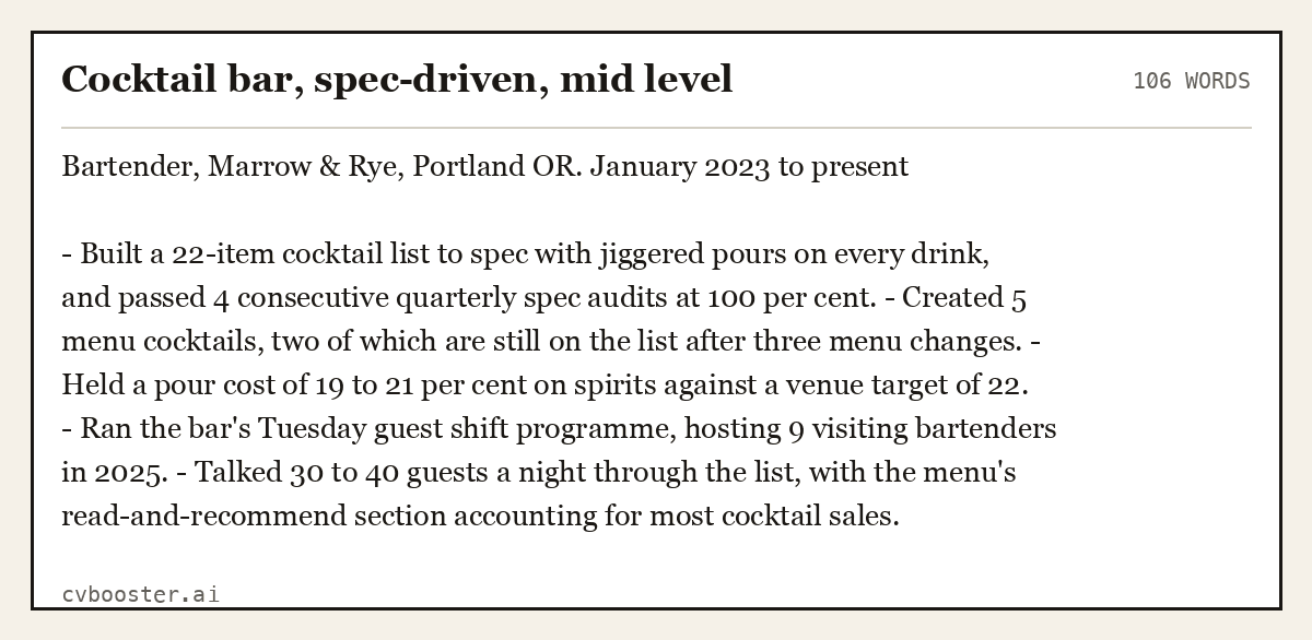 Complete Cocktail bar, spec-driven, mid level example, 106 words, laid out as it would sit in the application form