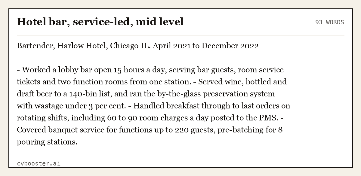 Complete Hotel bar, service-led, mid level example, 93 words, laid out as it would sit in the application form