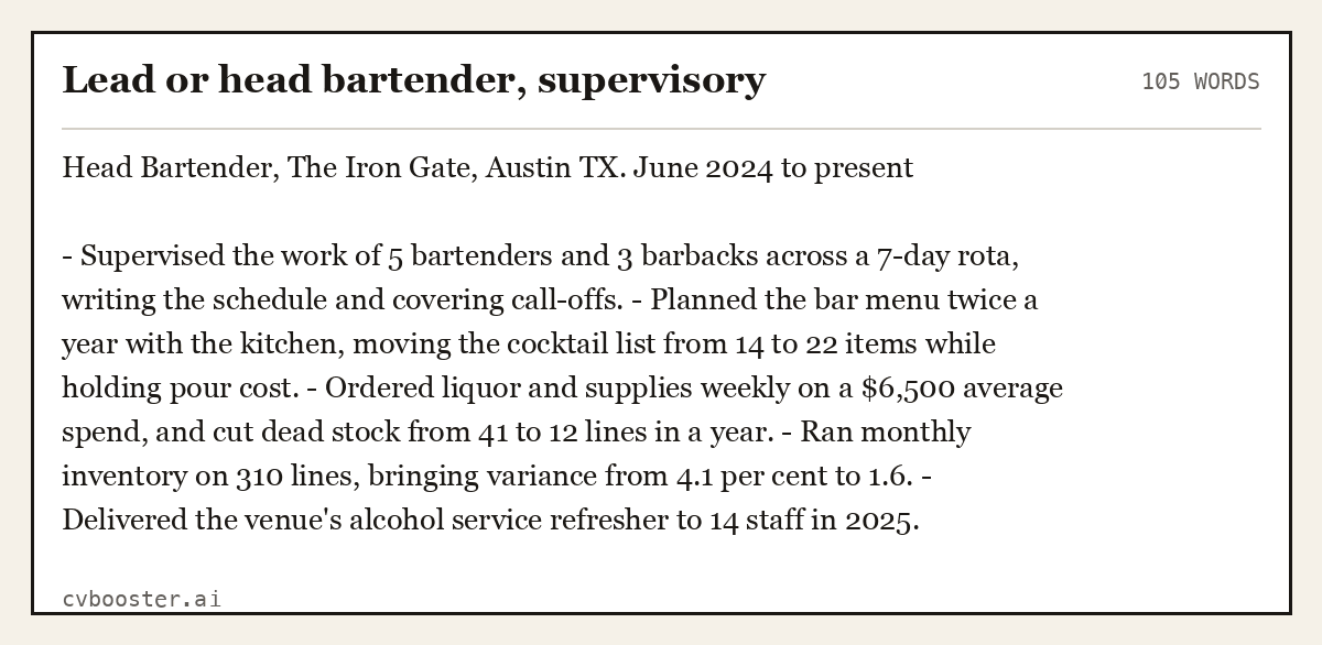 Complete Lead or head bartender, supervisory example, 105 words, laid out as it would sit in the application form