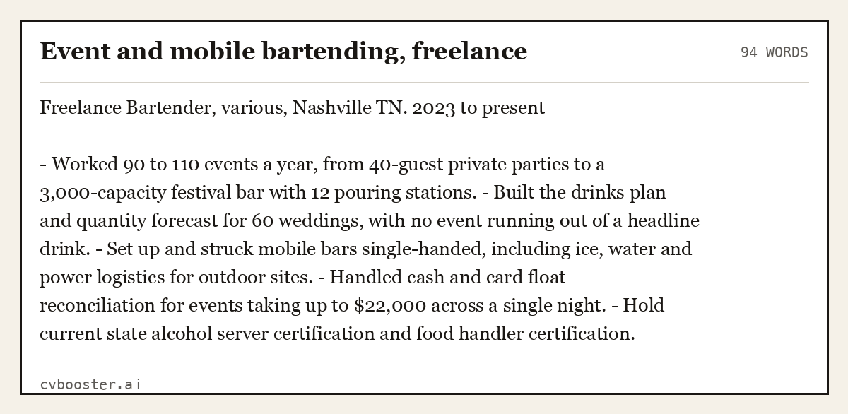 Complete Event and mobile bartending, freelance example, 94 words, laid out as it would sit in the application form