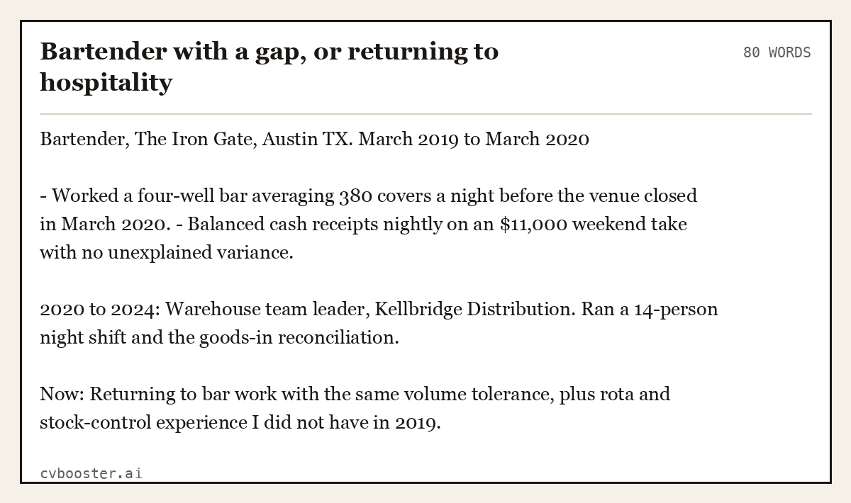 Complete Bartender with a gap, or returning to hospitality example, 80 words, laid out as it would sit in the application form