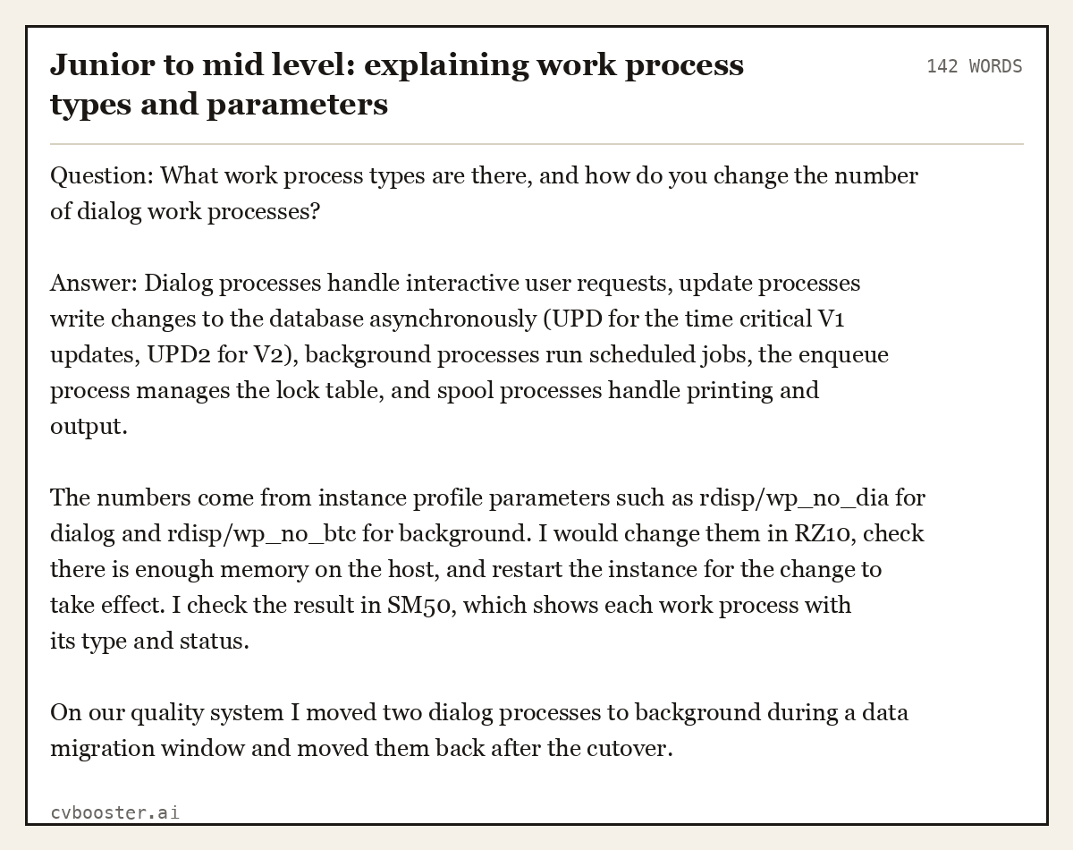 Complete Junior to mid level: explaining work process types and parameters example, 142 words, laid out as it would sit in the application form