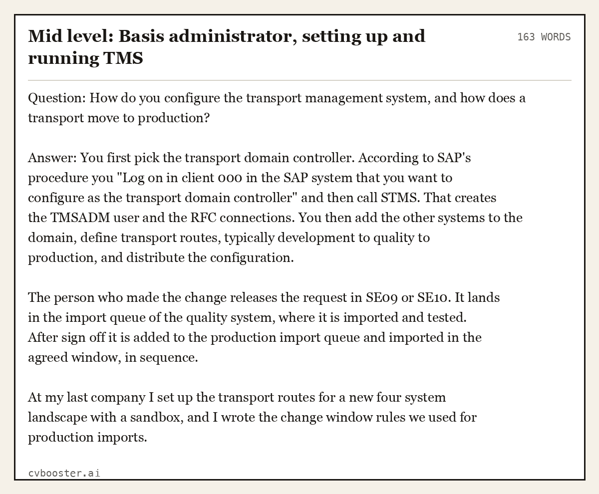 Complete Mid level: Basis administrator, setting up and running TMS example, 163 words, laid out as it would sit in the application form