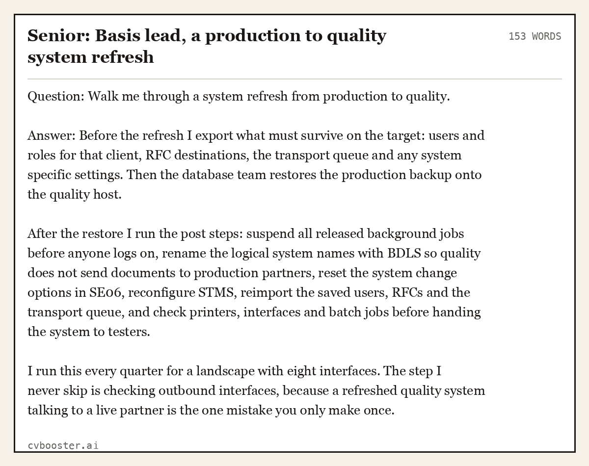 Complete Senior: Basis lead, a production to quality system refresh example, 153 words, laid out as it would sit in the application form