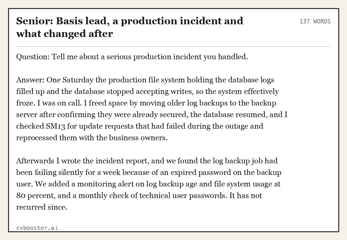 Complete Senior: Basis lead, a production incident and what changed after example, 137 words, laid out as it would sit in the application form