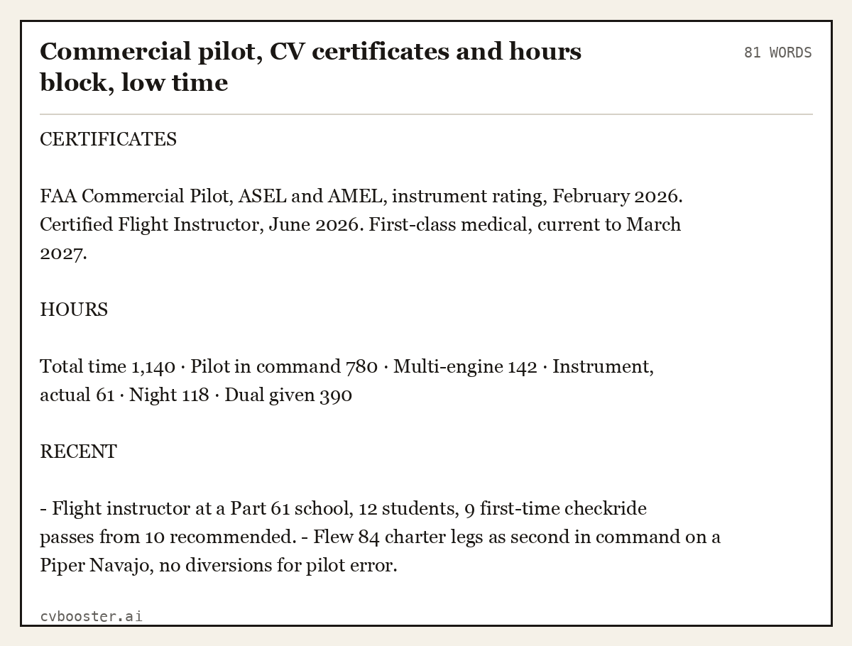 Complete Commercial pilot, CV certificates and hours block, low time example, 81 words, laid out as it would sit in the application form