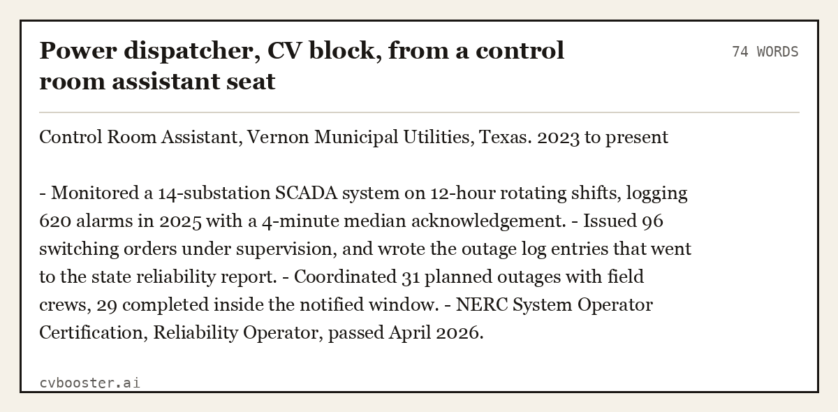 Complete Power dispatcher, CV block, from a control room assistant seat example, 74 words, laid out as it would sit in the application form