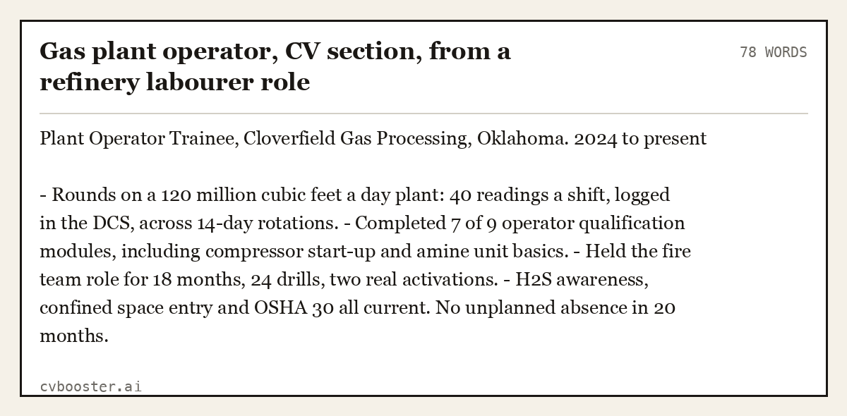 Complete Gas plant operator, CV section, from a refinery labourer role example, 78 words, laid out as it would sit in the application form