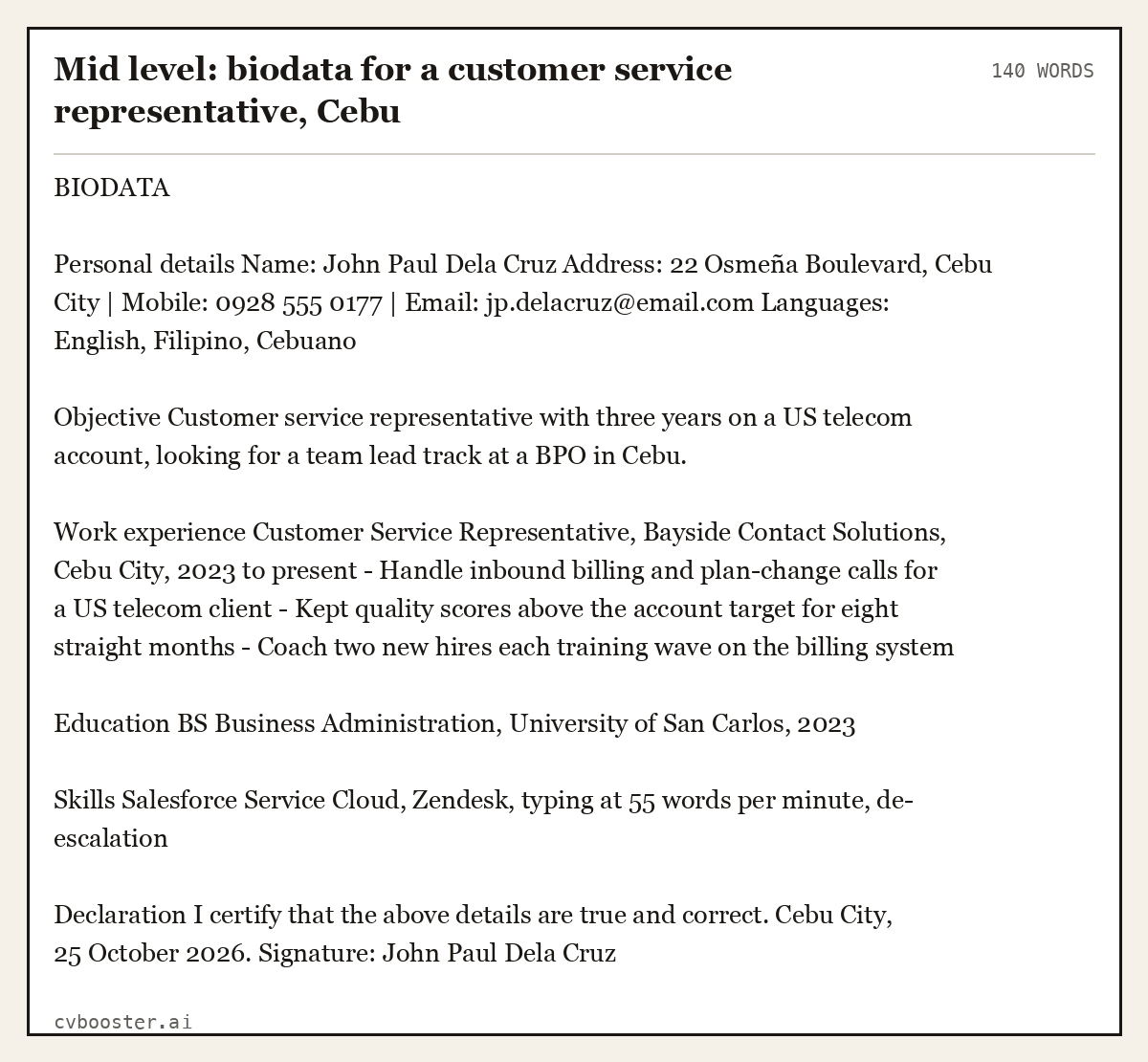 Mid level: biodata for a customer service representative, Cebu, complete example, 140 words