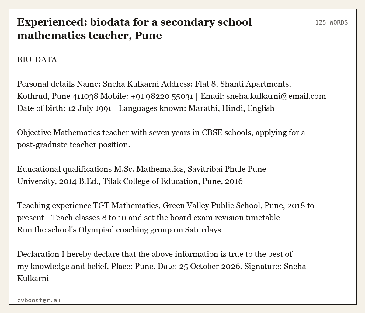 Experienced: biodata for a secondary school mathematics teacher, Pune, complete example, 125 words