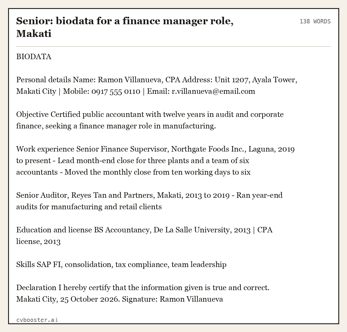 Senior: biodata for a finance manager role, Makati, complete example, 138 words