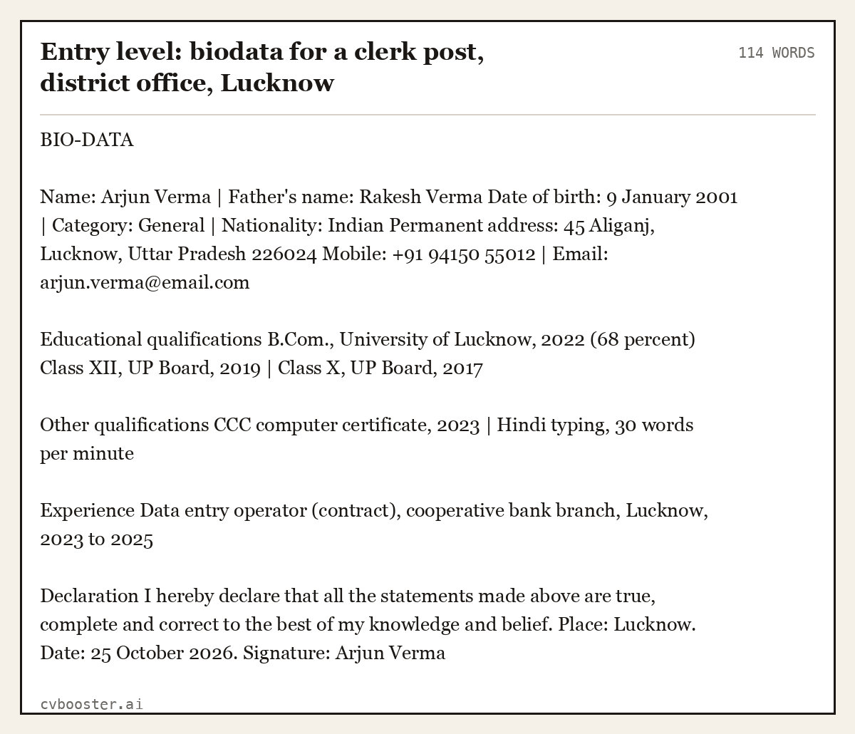 Entry level: biodata for a clerk post, district office, Lucknow, complete example, 114 words