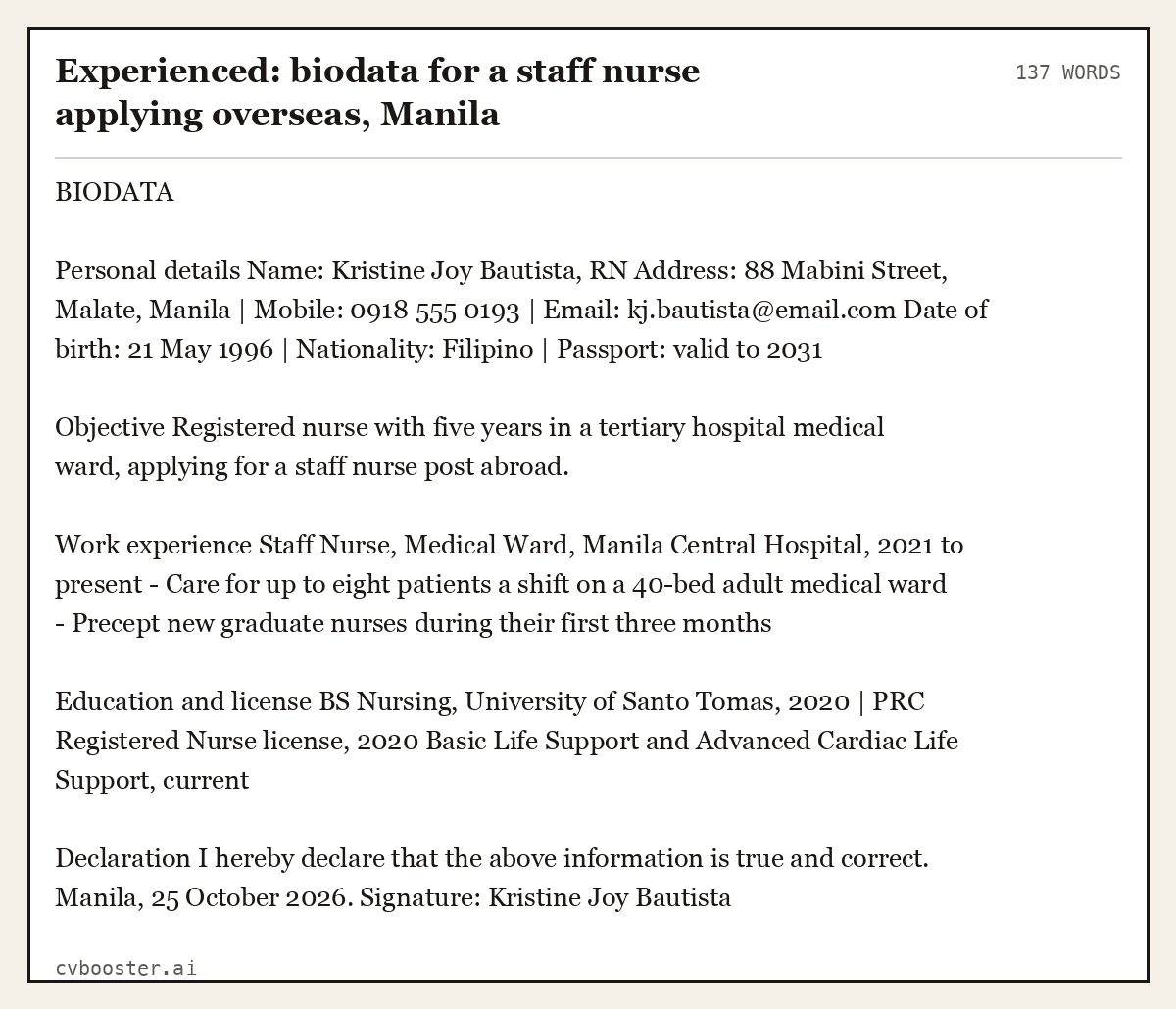Experienced: biodata for a staff nurse applying overseas, Manila, complete example, 137 words