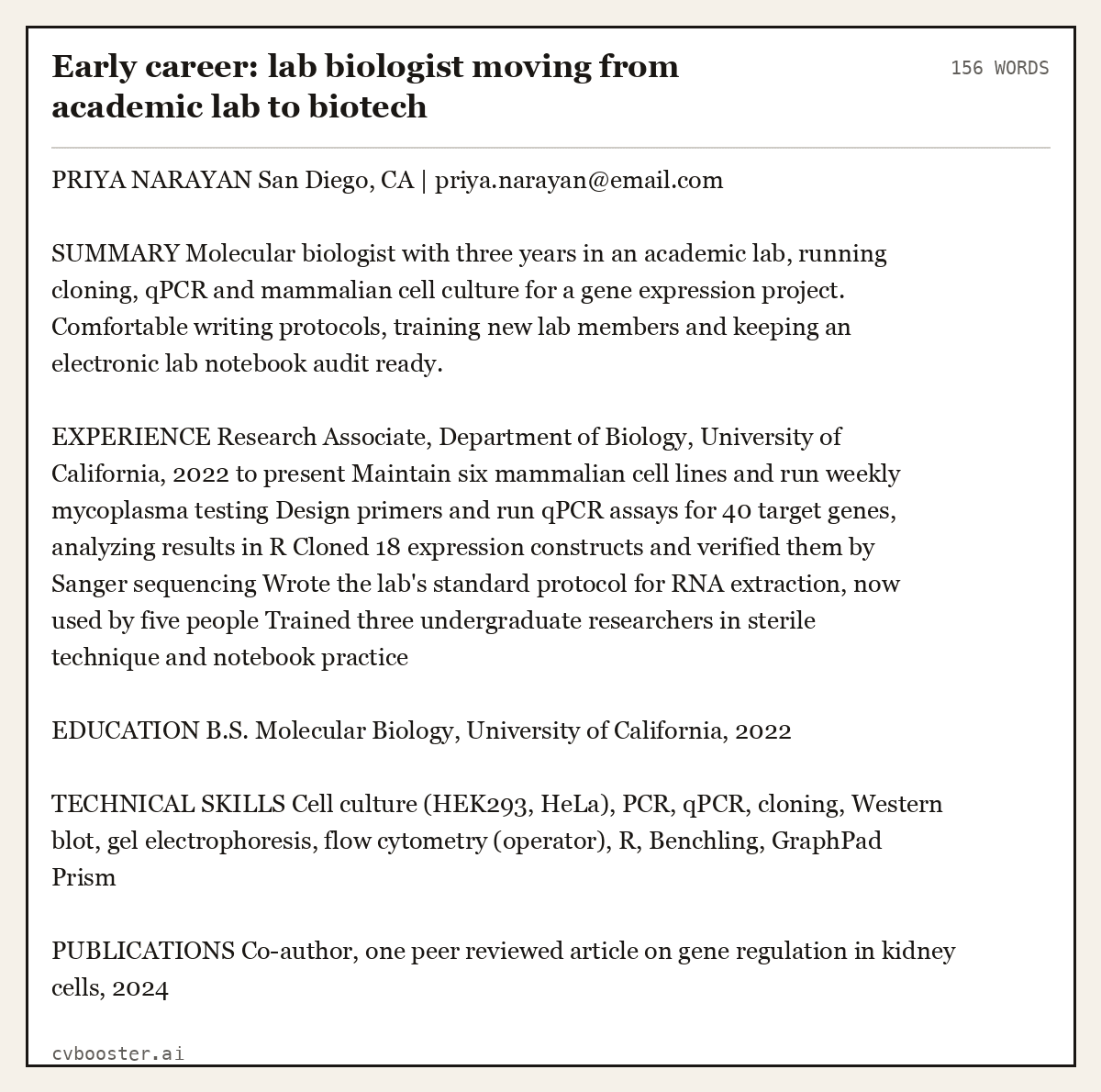 Complete Early career: lab biologist moving from academic lab to biotech example, 156 words, laid out as it would sit in the application form