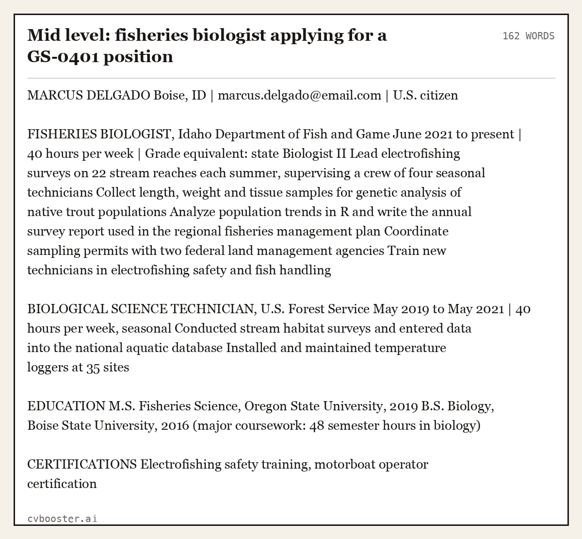Complete Mid level: fisheries biologist applying for a GS-0401 position example, 162 words, laid out as it would sit in the application form
