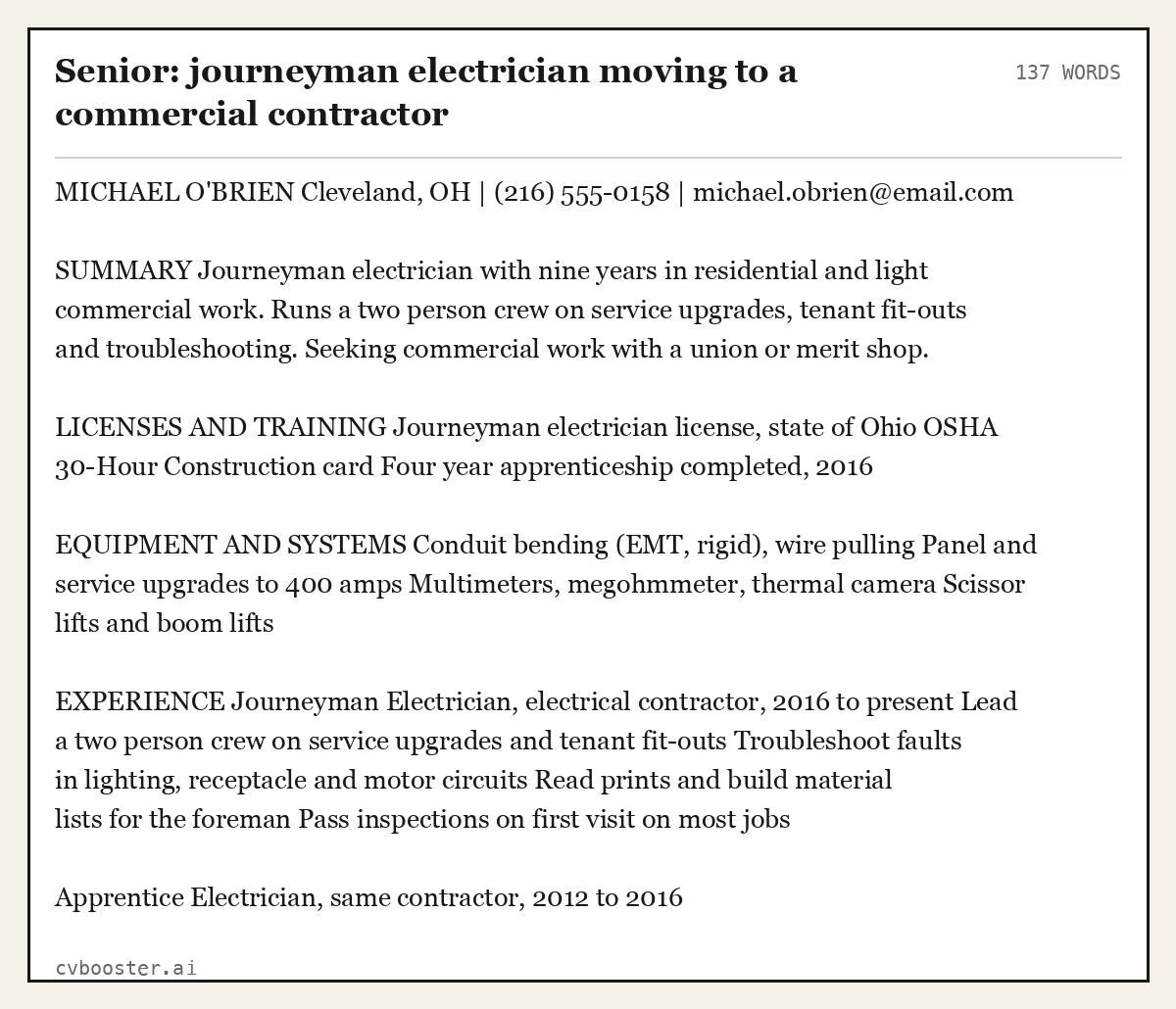 Complete Senior: journeyman electrician moving to a commercial contractor example, 137 words, laid out as it would sit in the application form