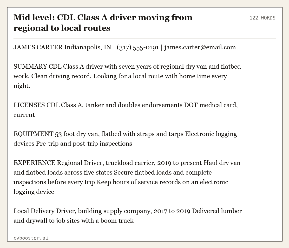 Complete Mid level: CDL Class A driver moving from regional to local routes example, 122 words, laid out as it would sit in the application form