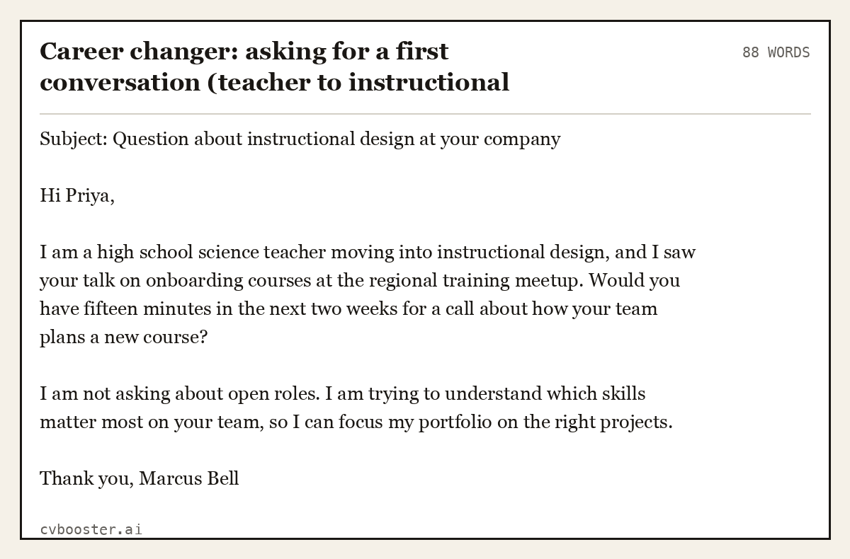 Complete Career changer: asking for a first conversation (teacher to instructional designer) example, 88 words, laid out as it would sit in the application form