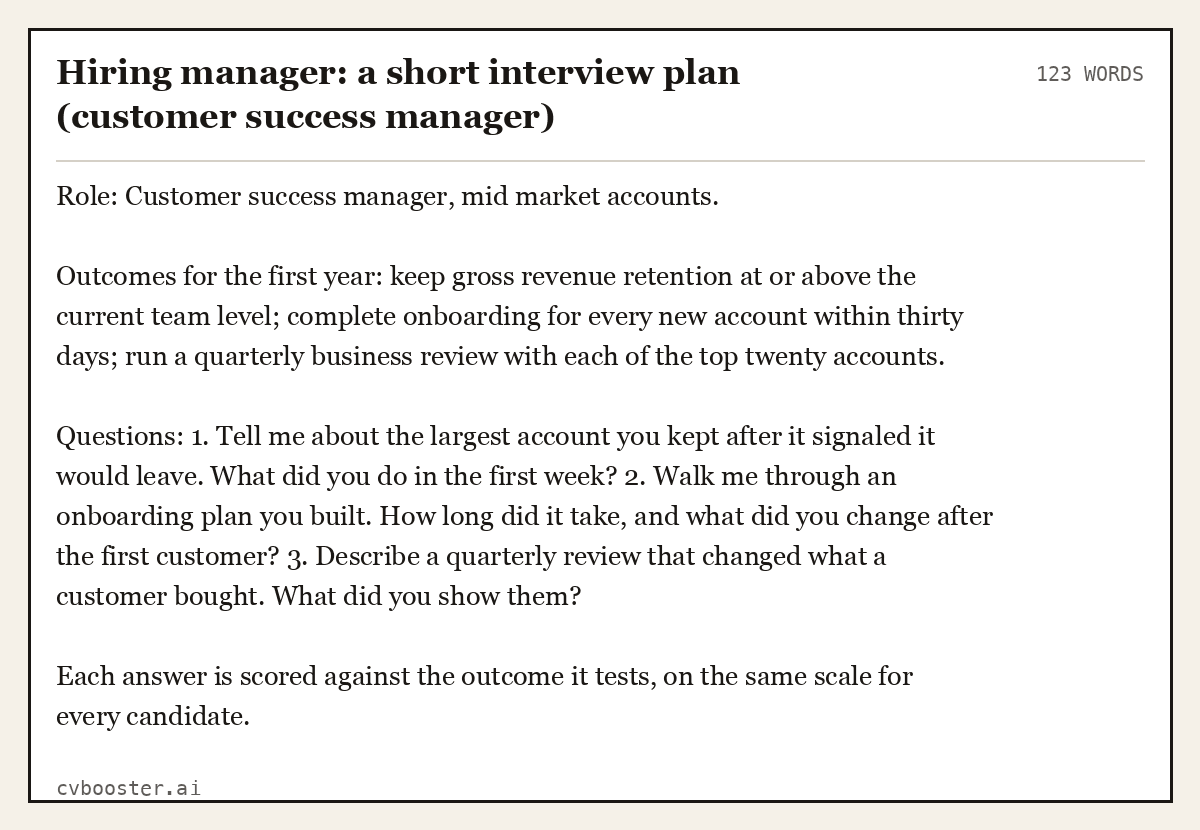 Complete Hiring manager: a short interview plan (customer success manager) example, 123 words, laid out as it would sit in the application form