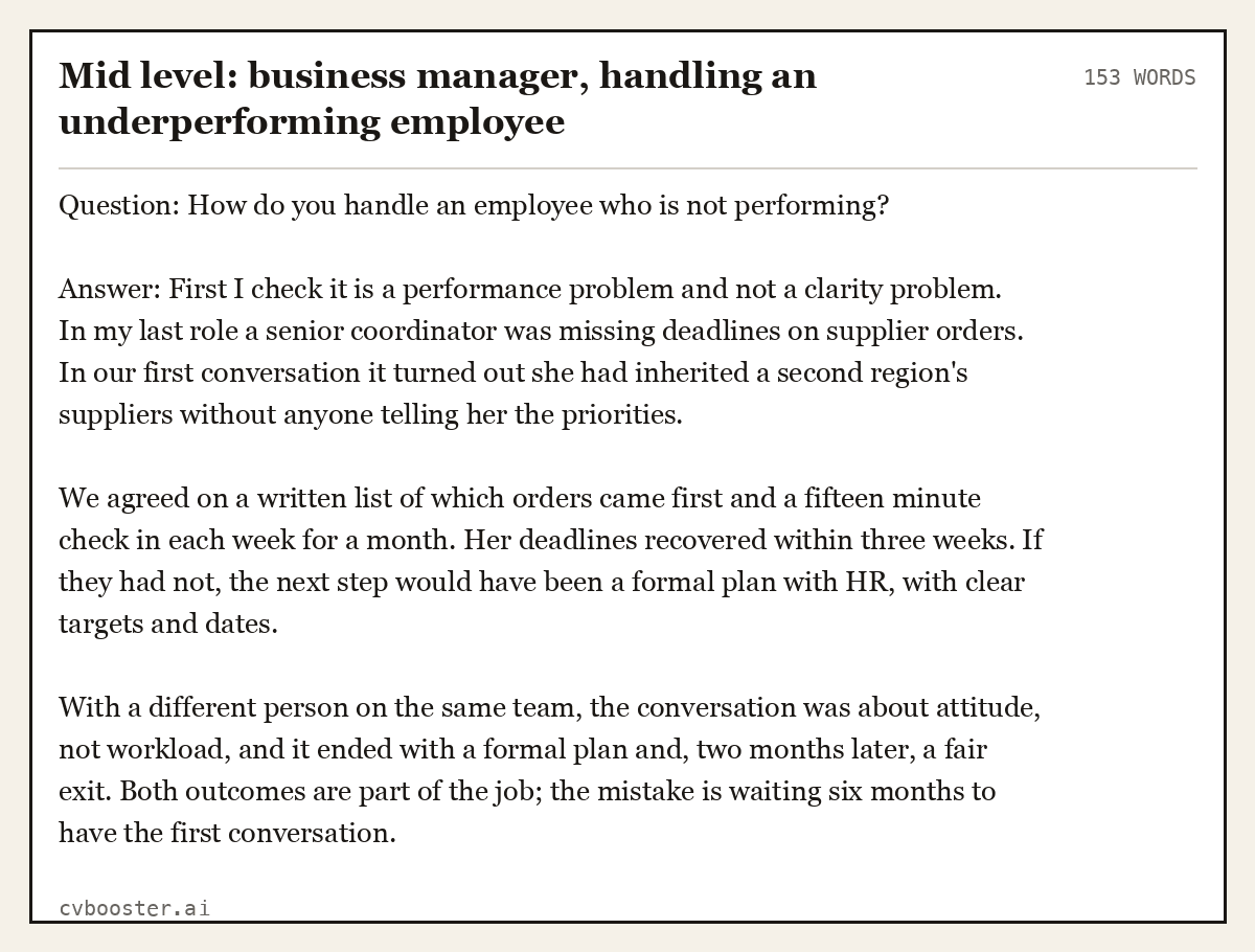 Complete Mid level: business manager, handling an underperforming employee example, 153 words, laid out as it would sit in the application form