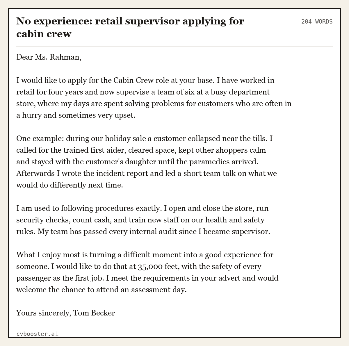 Complete No experience: retail supervisor applying for cabin crew example, 204 words, laid out as it would sit in the application form