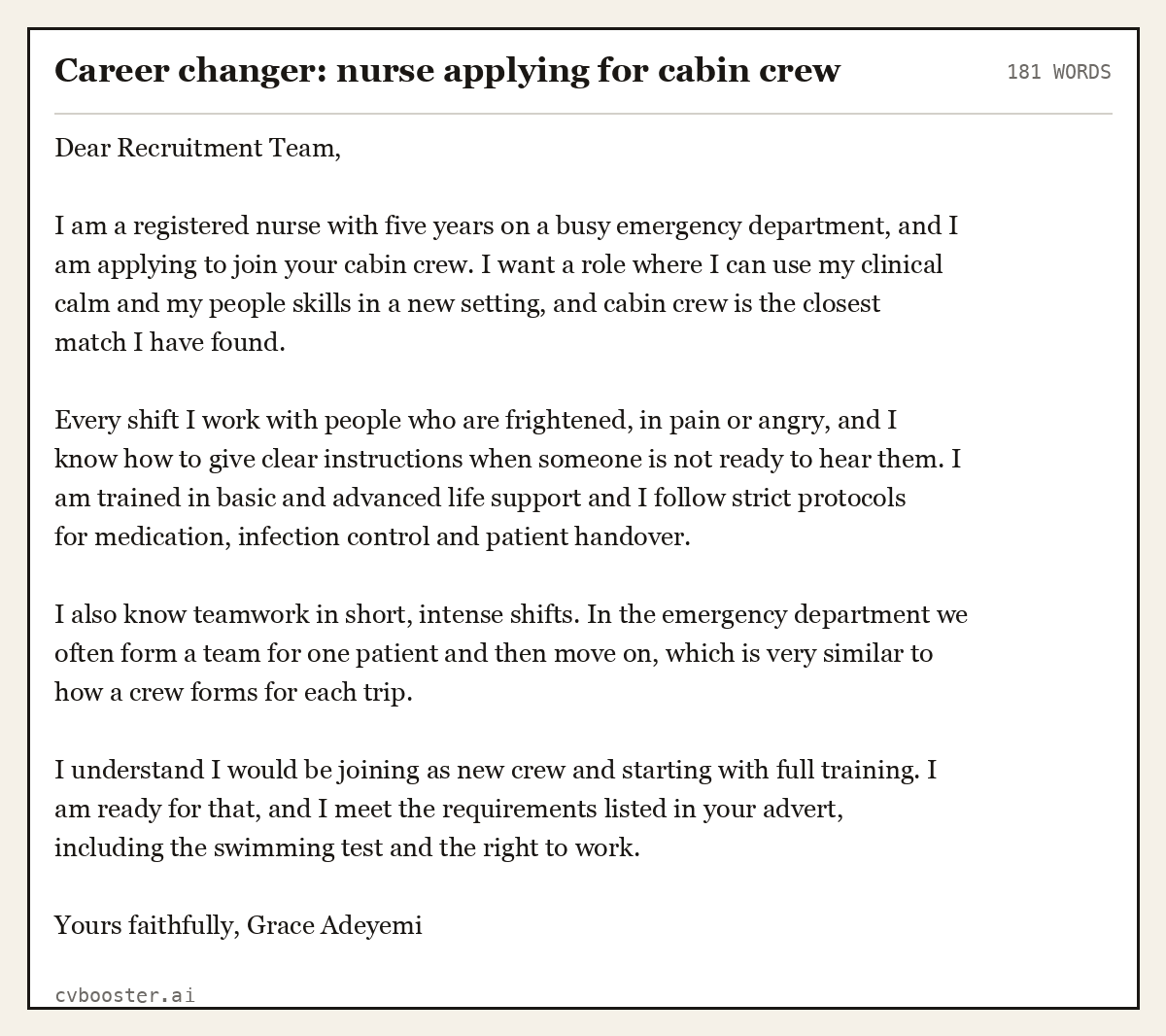 Complete Career changer: nurse applying for cabin crew example, 181 words, laid out as it would sit in the application form