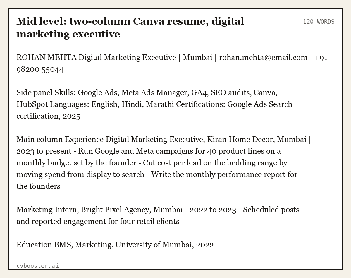 Mid level: two-column Canva resume, digital marketing executive, complete example, 120 words