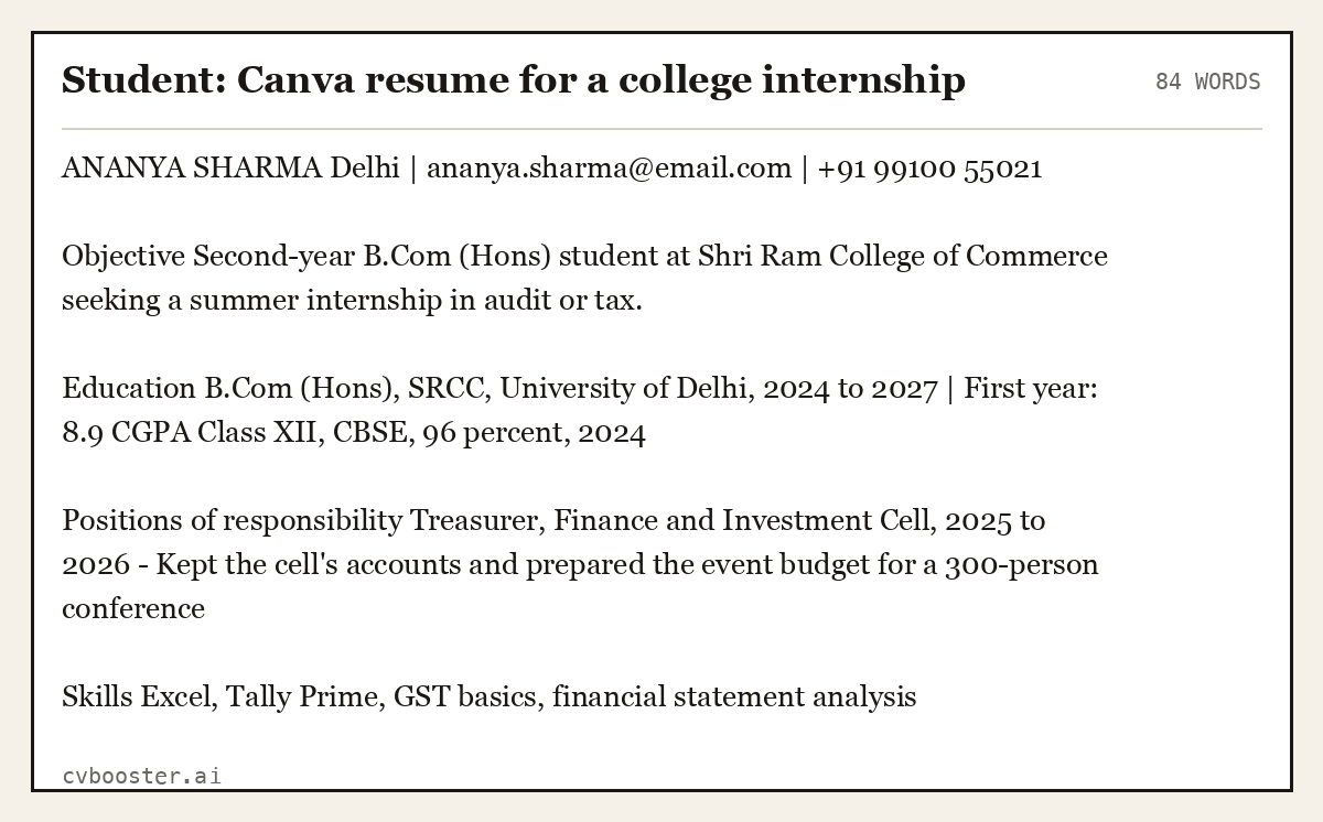 Complete Student: Canva resume for a college internship example, 84 words, laid out as it would sit in the application form