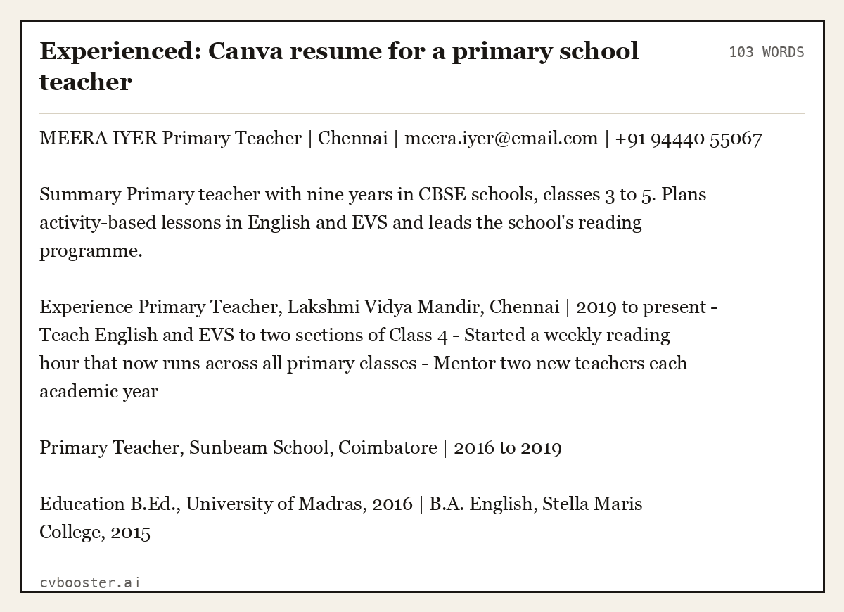 Experienced: Canva resume for a primary school teacher, complete example, 103 words