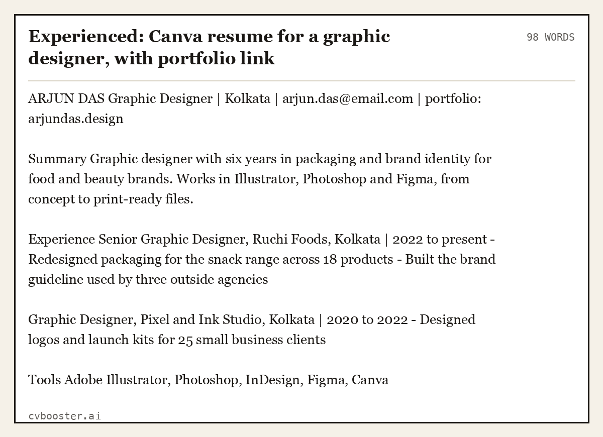 Experienced: Canva resume for a graphic designer, with portfolio link, complete example, 98 words