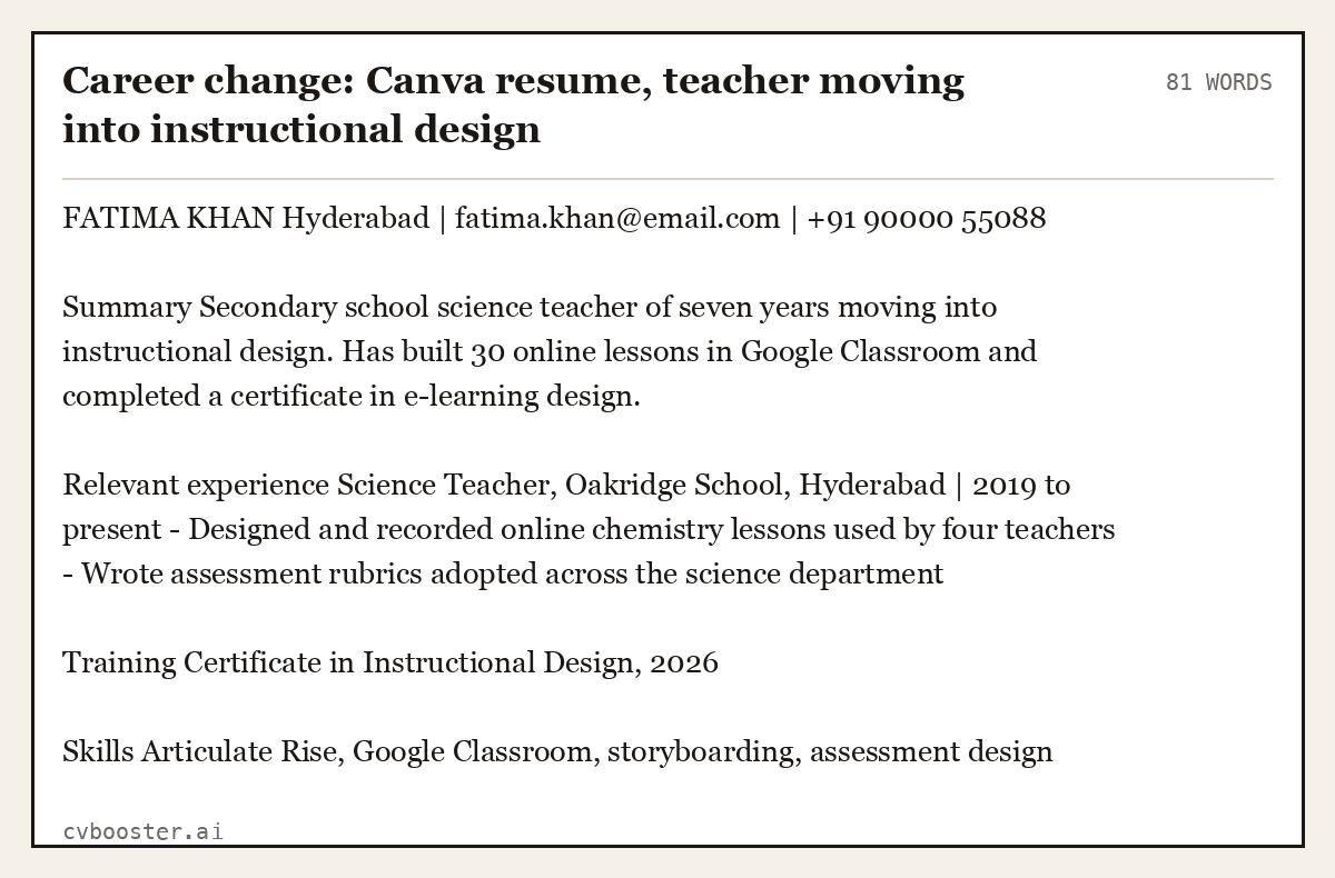 Career change: Canva resume, teacher moving into instructional design, complete example, 81 words