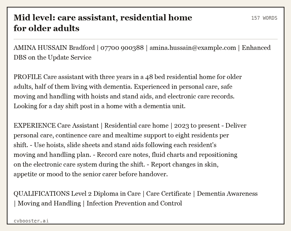 Complete Mid level: care assistant, residential home for older adults example, 157 words, laid out as it would sit in the application form